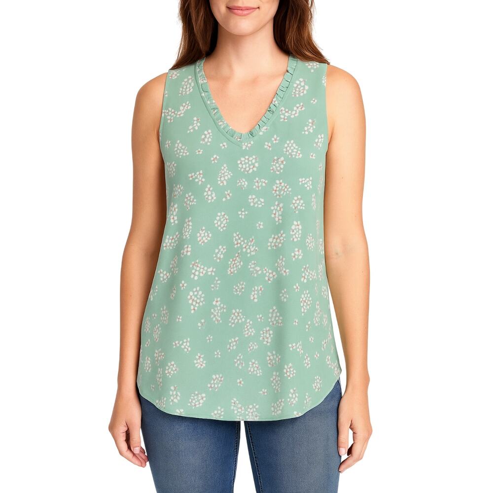 Market & Spruce Ruffle V-Neck Top XL NWT Green Floral Sleeveless Linen Blend